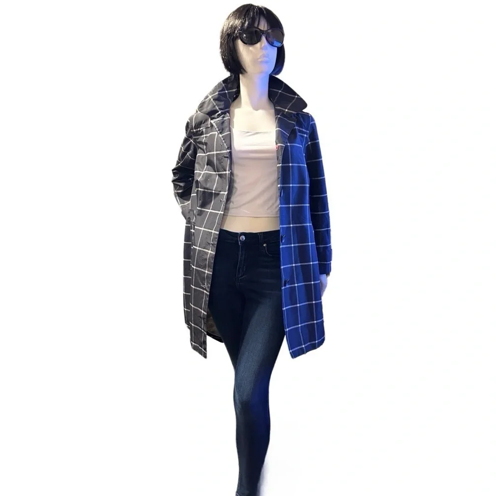 Lands' End Windowpane Raincoat w/Removable Hood, Size M